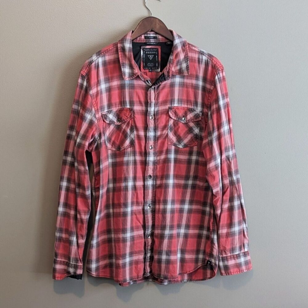 Guess Mens XL Red Plaid Logan Shirt Lightweight Button Up Extra Large L/S Top
